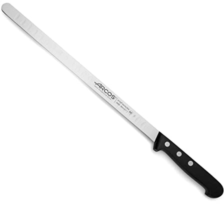 Arcos Lachs- und Fischmesser mit Edelstahlklinge 290 mm - Ergonomischer Griff aus Polyoxymethylen (POM), Lange und robuste Klinge mit Wellenschliff, Schneidet mühelos - Schwarz, Serie Universal