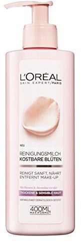 L'Oréal Paris Reinigungsmilch für Frauen: entfernt Make-Up sanft und verleiht ein weiches Haut-Gefühl mit Rosen- und Jasminextrakten, Kostbare Blüten, 1x 400ml