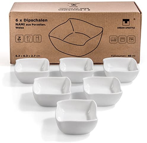 Urban Lifestyle Dipschalen Set 6er NAMI aus Porzellan 6x6x2,5 cm – Dip Schälchen klein, Tapas Schalen, Saucenschälchen, Sushi & Sojasauce Schälchen, Snackschalen (weiß)
