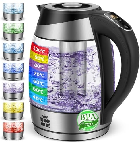 FOR ME Glas Elektrischer Wasserkocher mit Teesieb 1,8L, Temperatureinstellung, Temperaturwahl 40°C bis 100°C, 7 Farben LED-Beleuchtung, Warmhaltefunktion, BPA Frei