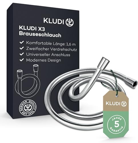 KLUDI-X3 Universal Duschschlauch 1,60 m aus reinigungsfreundlichem Kunststoff, flexibler Brauseschlauch mit doppeltem Verdrehschutz, knickfest, Standard Anschluss, Chrom