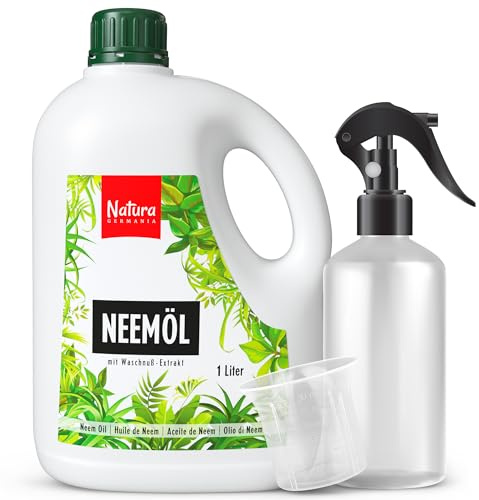 Natura Germania® Neemöl 1000ml mit Waschnußextrakt mit Sprühflasche und Messbecher - Ergibt 100 LITER sprühfertige Lösung - Neem Spray zur natürlichen Pflanzenpflege für Zimmerpflanzen/Gartenpflanzen