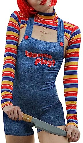 Damen Kostüm 2 Stück Halloween Gruselig Albtraum Killer Puppe Will Spielen Filmfigur Body Chucky Puppe Cosplay Kostüm Set, blu, M