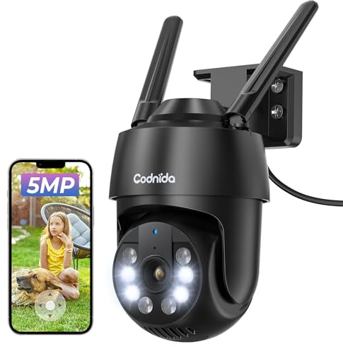 Codnida 5MP Überwachungskamera Aussen WLAN,2,4/5Ghz WiFi Kamera Outdoor | Bewegungsmelder,Automatische Verfolgung,24/7 Aufnahme,Farbige Nachtsicht,IP66, 2-Wege-Audio,Schwarz(Alexa-Unterstützung)