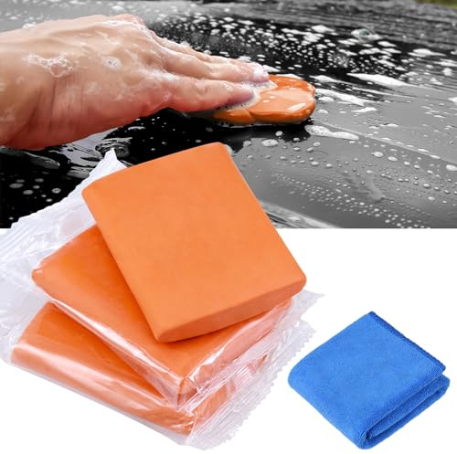 Huiguli 4 Stück Reinigungsknete Auto mit Handtuch | Auto Reinigungsmasse Lackreinigungsknete zur Lackpflege, Magic Car Clay Bar für Autoreinigung Felgenreinigung (300g,Orange)