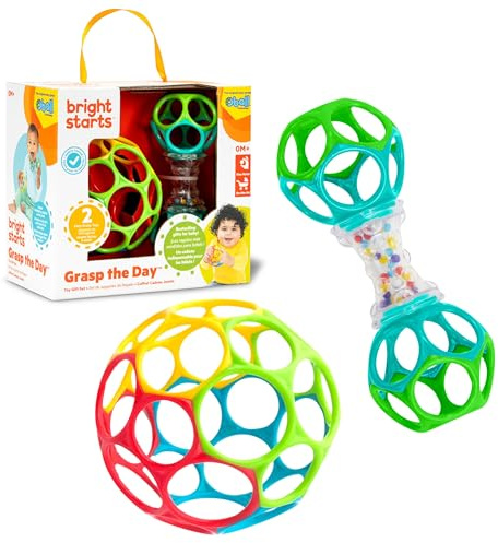 Bright Starts Easy-Grasp Oball Bundle Geschenk-Set - Grasp the Day, Ball und Rasselspielzeug 2er-Pack, BPA-frei, Unisex, Newborn+