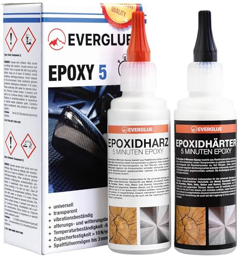Everglue 5 Minuten Epoxy 200g 2K Epoxidharz mit Härter transparent und hitzebeständig zum Kleben und Versiegeln von Metall Kunststoff Keramik Glas Holz CfK Carbon GfK Glasfaser Marmor Beton Styropor