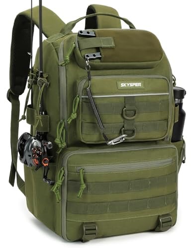 SKYSPER Angelrucksack mit Rutenhalter, 40-Liter Angeln Rucksack mit Verstellbarem Fach für Angeln