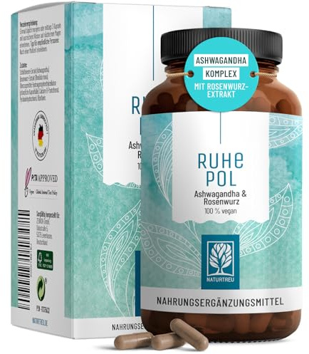 NATURTREU® Ashwagandha Kapseln hochdosiert - 120 vegane Kapseln - 500 mg Ashwagandha pro Tag - Ashwagandha Komplex mit Rosenwurz-Extrakt - ohne unerwünschte Zusatzstoffe
