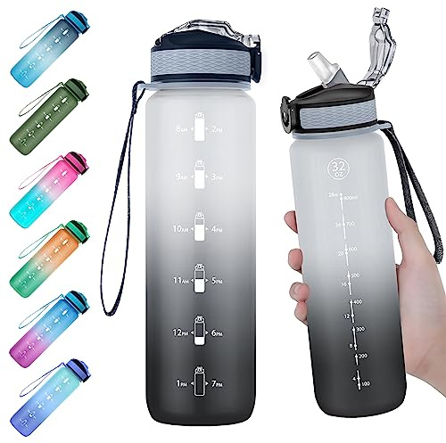 EYQ 1L Trinkflasche, Sportwasserflasche mit Stroh, Tritan BPA Free Water Flasche mit Zeitmarker für die Schule im Outdoor -Sport im School Fitnessstudio–SchwarzGrau