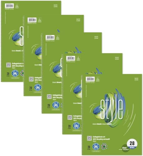 Staufen Ursus Style Collegeblock, 5 Stück, DIN A4, Lineatur 28 (5mm kariert mit Randlinien), 80 Blatt, 4-fach Lochung, premiumweißes 70g/m² Recyclingpapier, Green