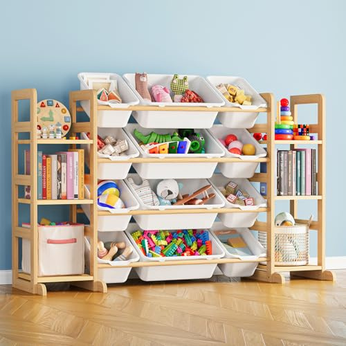 SpaceAid Spielzeug-Organizer mit 6 Regalen und 12 Behältern, Bücherregal/Bücherregal, Kinder-Mülleimerregal, Spielzeugkiste für Spielzimmer-Organisation für Schlafzimmer und Raumdekoration, Weiß