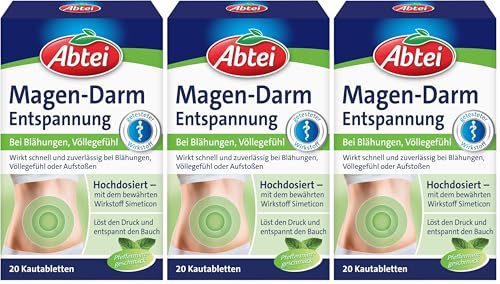 Abtei Magen Darm Entspannung - bei Blähungen, Völlegefühl und Aufstoßen - hochdosiert - mit Simeticon - Pfefferminzgeschmack - 1 x 20 Kautabletten (Packung mit 3)