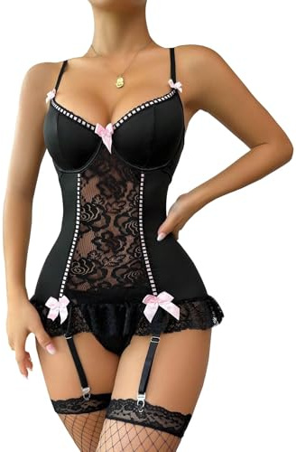 BEINF Damen Dessous Sets Sexy Floraler Spitze Bodysuit mit Strumpfgürtel V-Ausschnitt Schleife Vorne Babydoll Underwire mit Strümpfen 2 Teiliges Schwarz L