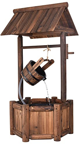 RELAX4LIFE Gartenbrunnen aus Holz, Zierbrunnen mit Elektrischer Pumpe, Wasserbrunnen mit Regulierbarer Wasserfall, Rustikaler Springbrunnen für Garten Balkon Hof, 58,5 × 56 × 117 cm