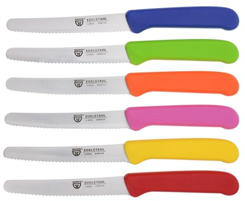 GRÄWE Tafelmesser 6 Stück, Messerset zum Schneiden, 6er Pack Brötchenmesser, Frühstücksmesser mit einseitigem Wellenschliff, Brotmesser, scharfe Messer für Brotzeit, 21 cm - Bunt