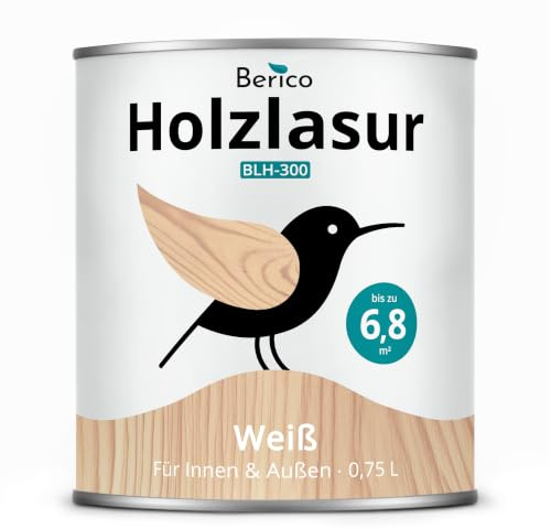 Berico Holzlasur - Weiß - 0,75 Liter Lasur - Kalkweiss - Wetterfeste Holzschutzlasur für Innen und Außen - Holzschutz, Wetterschutz und UV-Schutz