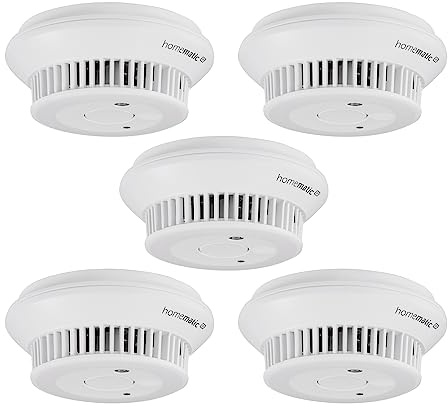 Homematic IP Smart Home 5er-Set Rauchwarnmelder mit Q-Label, Rauchmelder alarmiert lokal über die Sirene und per Push-Benachrichtigung in der Smartphone-App, integrierte LED-Notbeleuchtung