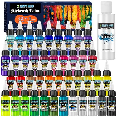 X ARTY HUB Airbrush Farbe - 42 Farben mit 120 ml Verdünnern, Schillernde, Neonfarbene und Metallische Airbrush Farben Acryl, Gebrauchsfertig, Wasserbasiertes Airbrush-Malset für Künstler und Anfänger