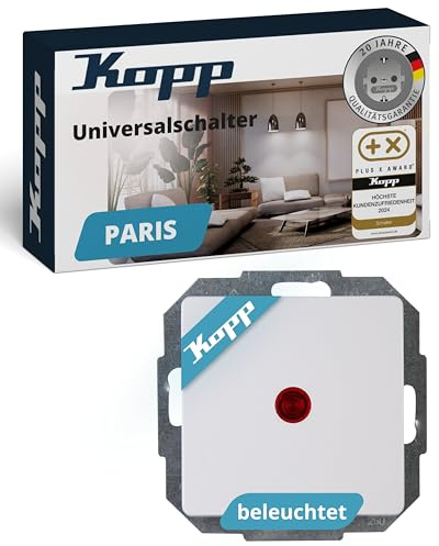 Kopp PARIS Kontrollschalter beleuchtet in Arktis-Weiß - Stilvoller IP20 Schalter mit Kontrollleuchte - Hochwertiger Wechselschalter mit 10AX Schaltvermögen - Lichtschalter-Unterputz 250V~