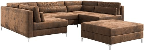 DELIFE Sofa Elio Lederimitat Vintage Braun Antik 300x185 cm mit Hocker | Wohnlandschaft
