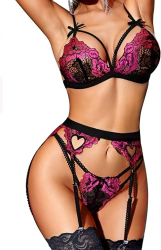 RSLOVE Damen Dessous Set mit Strumpfhalter - 3-teiliges Spitzen Teddy Babydoll Bodysuit