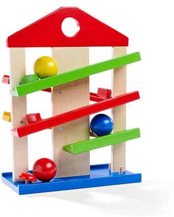 Eichhorn 100002025 Kugelbahn-Haus, 4-teilig, bunte Rollbahn aus Holz mit Glocke und drei Kugeln Lindenholz, Motorikspielzeug für Kinder ab 1 Jahr, Größe: 25 x 34 cm