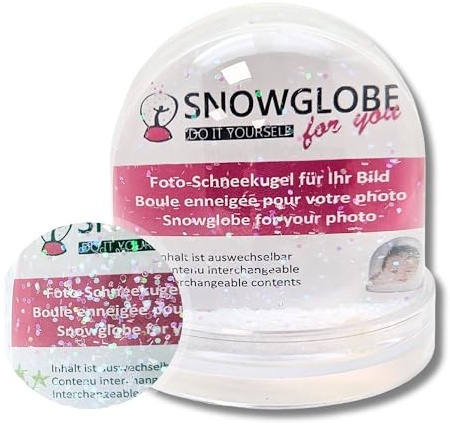 Foto-Schneekugel groß | Inhalt pastellfarbener Glitzer | mit 2 x Bild | Sockel transparent | Breit 9 cm, hoch 8 cm | Fotogeschenk | 50001