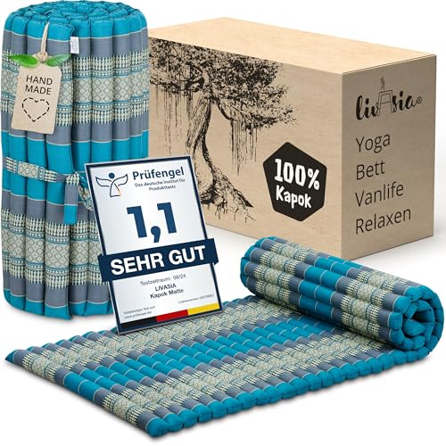 livasia Rollmatte Rollmatratze M schmal Einzelbett - 200x75x4,5cm - Gästebett Gästematratze 1 Person mit Muster, Reisebett Kofferraum outdoor, Thaimatte Kapok Garten handgefertigt (Hellblau)