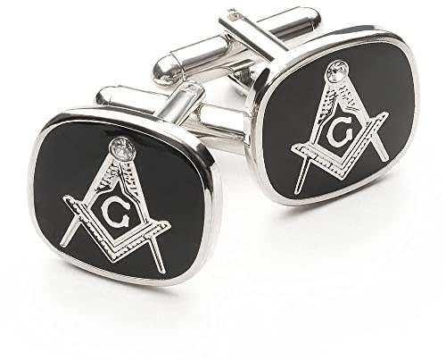 THE MASONIC COLLECTION Quadratische und Kompass mit G-Manschettenknöpfen für Herren – schwarz und versilbert – nur 2 mm dick – kommt in Manschettenknopf-Box/Samtbeutel – Freimaurer-Geschenke für