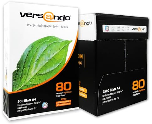 versando 2.500 Blatt Druckerpapier A4 hochweiß CIE161 Premium Kopierpapier (5x 500 Blatt HighWhite 80) strahlende Farben, klare Schrift, PEFC zertifiziert