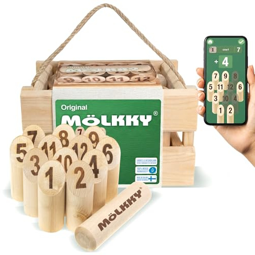 Mölkky Original - Holz Wurfspiele für Draußen, Garten, Picknick, Strand, Freizeit, Camping - Birkenholz 12 Kegel,1 Stock, Spiel Outdoor für Familie, Gruppen, 2+ Spieler, ab 6 Jahren