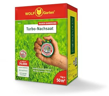 WOLF-Garten Turbo-Nachsaat zur Rasensanierung LR50 (für 50 m2, hohe Dichte mit ca. 70.000 Trieben/m2, für alle Rasentypen geeignet, mit WOLF-Garten Keimgarantie, im 1kg Karton) 3826031