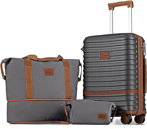 Joyway Koffer Reisekoffer von ABS Hartschalen Erweiterbar Trolley Kofferset mit TSA Schloss und 4 Rollen Der Handgepäck Sets Enthält 1 Reisetasche und 1 Kulturbeutel Grau