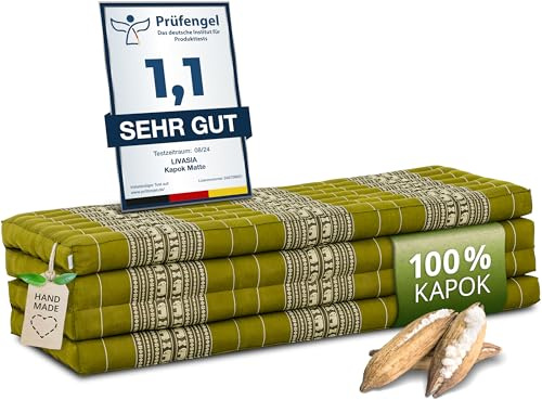 livasia Nachhaltige Klappmatratze Kapok XXL - 200x140x8cm - extrabreite Gästematratze, Faltbare Matratze doppel, ökologische Yogamatte, Gästebett klappbar, Liege Garten Balkon (Grün/Elefanten)