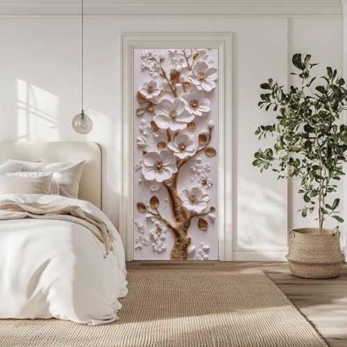 arricraft 2 Stück Selbstklebender Türaufkleber 80cm X 200cm /31.5X78.7 3D Blumen Und Goldener Zweig Tür Wandbilder Aufkleber PVC Tür Abnehmbare Tapete Dekoration Für Schlafzimmer Wohnzimmer