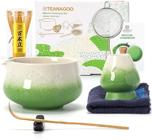 TEANAGOO 7 Stück Matcha Set,Matcha Besen,Grüner Matcha Set, Matcha Schale mit Ausgießer, Matcha Tee Set für die Zubereitung von Milchkaffee,Matcha Schneebesen Set und Schüssel mit löffel & Sieb