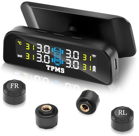 Avutrel 0-3.5 Bar Reifendruckkontrollsystem TPMS Solarladung USB Aufladung, 5 Alarmmodi mit LCD 4 Externer Sensoren Reifendruckwächter für Autos SUVs Wohnmobilen Anhängern LKW