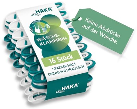 HAKA Wäscheklammern, 16 Stück, stabil, ohne Abdruck, für drinnen & draußen