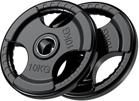 PhysKcal Olympische Hantelscheiben | Ø50 mm Bohrung | Hochwertiges Gummi-Finish | Tri-Grips | Schwarze Hantelscheiben für Krafttraining | Robuste Gusseisen-Kern Gewichte Set für Langhantel- 2 x 10kg
