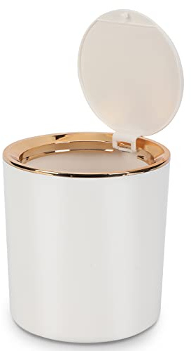 WOUMON Tischmülleimer Mit Deckel,Kunststoff Mülleimer Mini,Klein Mülltonne für Küche, Schlafzimmer, Bad, Schreibtisch,14.3 * 15cm (Weiß)