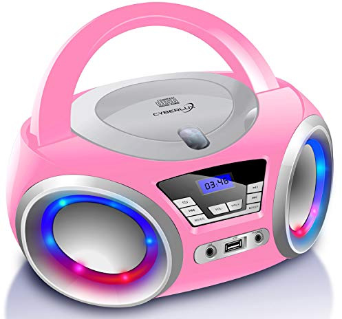 Cyberlux CD-Player mit LED-Beleuchtung, Kopfhöreranschluss, tragbares Stereoradio, Kinderradio, Stereoanlage, USB, CD/MP3-Player, UKW-Radio, Kopfhöreranschluss, Aux in Pretty Kitty Pink