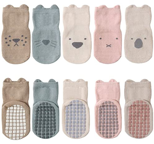 FedMois 5er Pack Baby Kleinkinder ABS rutschfeste Socken Sneaker Socken Tiermotive Baumwolle