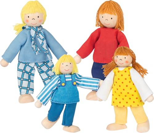 goki 51955 - Biegepuppen junge Familie, nachhaltige Holzfiguren, Holzpuppen für Kinder, beweglich robustes Holzspielzeug, kreatives Kinderspielzeug, naturbelassen - 4er Set, ab 3 Jahre