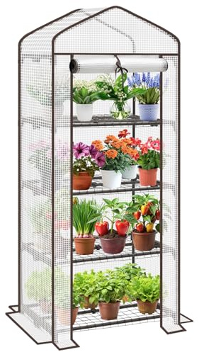 Sekey Mini Tomatengewächshaus mit 4 Regalböden, Folie Gewächshaus Klein Tomatenhaus Balkon Garten, Kleines Foliengewächshaus Stabil 160*70*50 cm, Weiß
