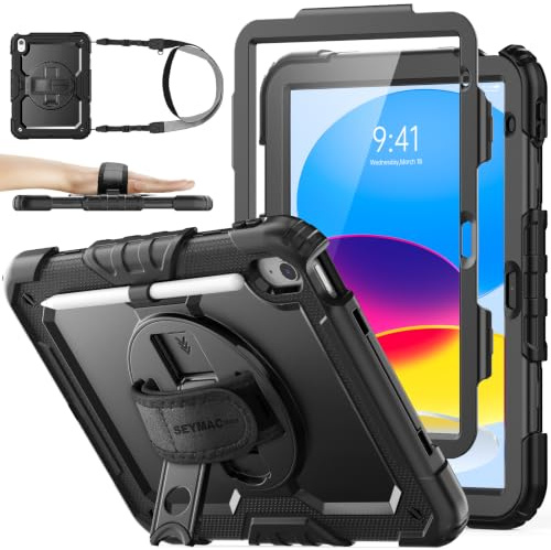 SEYMAC stock Hülle für iPad A16 11./10. Generation 11/10.9, Schwarz | Rundumschutz,Zwei Frontrahmen,Displayschutzfolie, 360° Drehbarer Ständer/Handschlaufe,Verstellbarer Schultergurt,Stifthalter