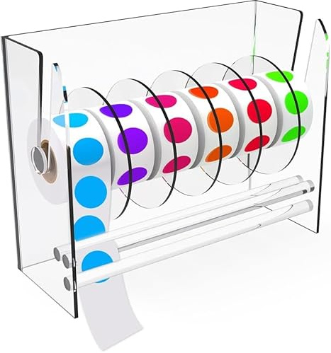 Acryl-Aufkleber-Rollenhalter-Spender, 6 Scheiben, verstellbarer Etikettenspender für Rollen von Aufkleber-Etiketten, geeignet für Büro, Schule, Zuhause