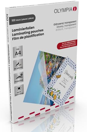 OLYMPIA Laminierfolien A4 80 Mic, Hochwertige Laminierfolien im 100er Pack, transparent, glänzend, für den Einsatz zu Hause oder im Büro