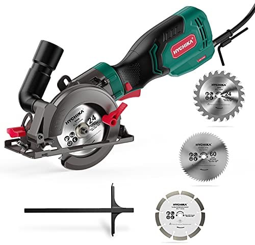 HYCHIKA Mini Kreissäge 750W 3500U/min, Handkreissäge Kompakt mit 3 Sägeblättern (24T/60T/9T) für Holz, Metall & Fliesen, Schnitttiefe bis 48mm, 45°/90° Gehrungsschnitt, Heimwerken