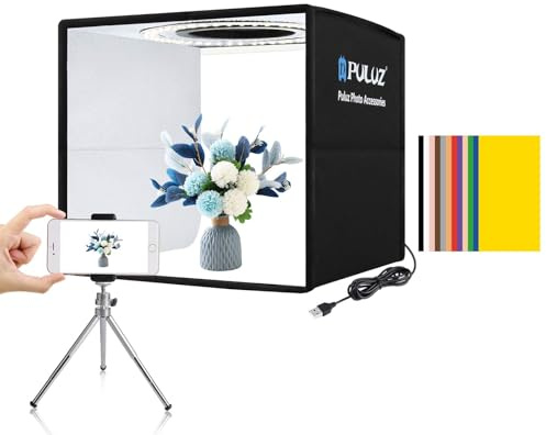 PULUZ Mini Fotobox 25x25cm, Kleines Fotostudio Box mit 104 LED-Leuchten CRI >95 & 6 Arten Doppelseitiger Farbhintergründe für kleine Produktfotografie